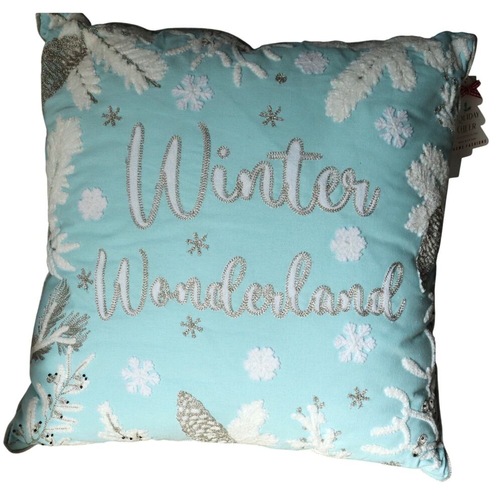 NWT Winter Wonderland Embroidered Christmas Pillow Snowflakes Turquoise 20x20